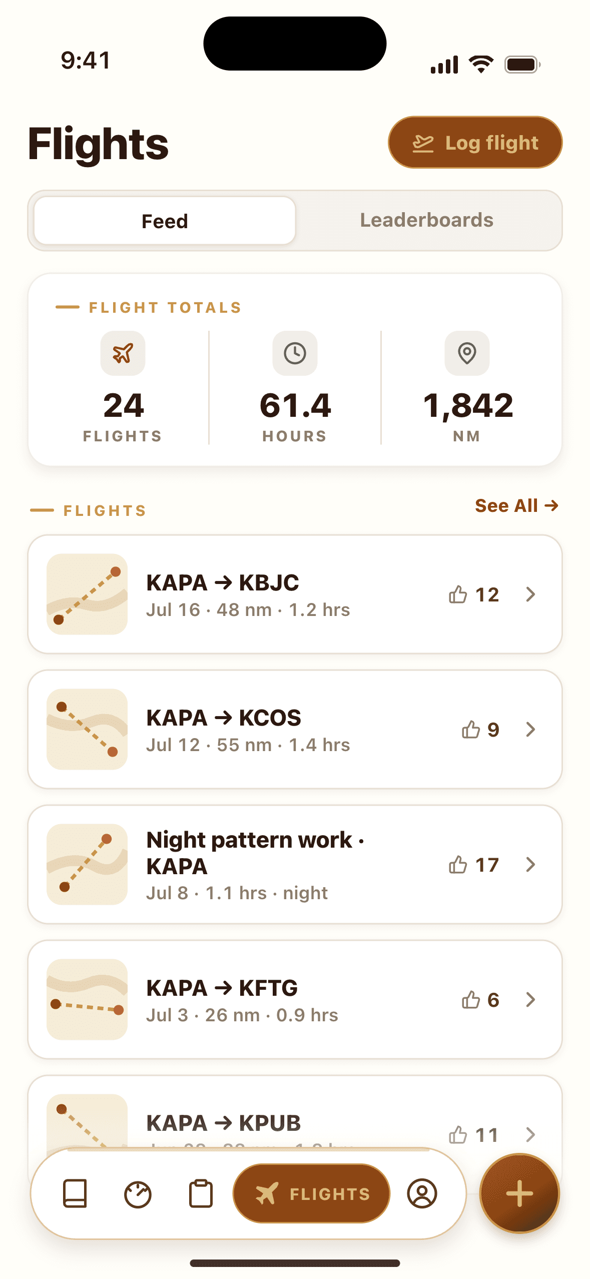FlyCowboys flight logbook with hours and recent flights