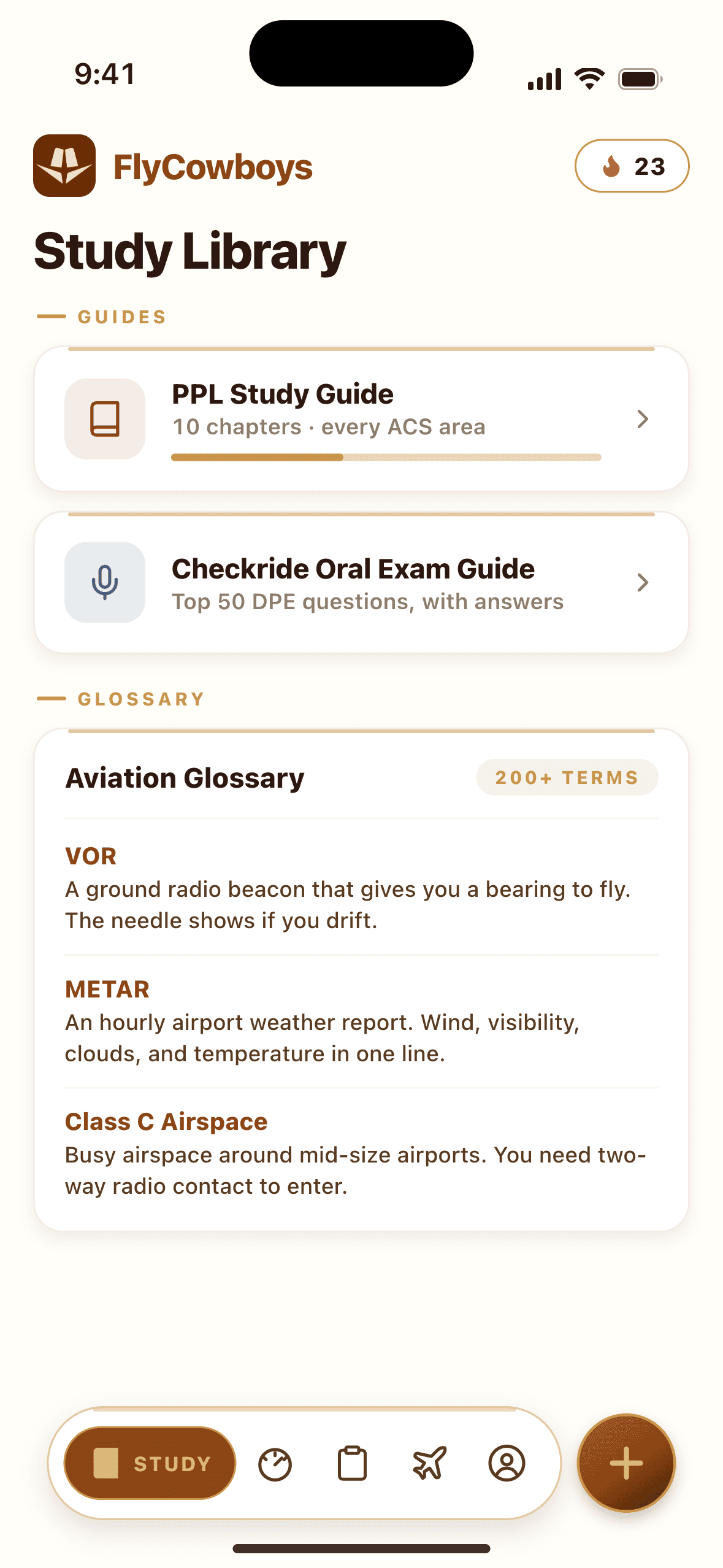 FlyCowboys study library with guides and aviation glossary