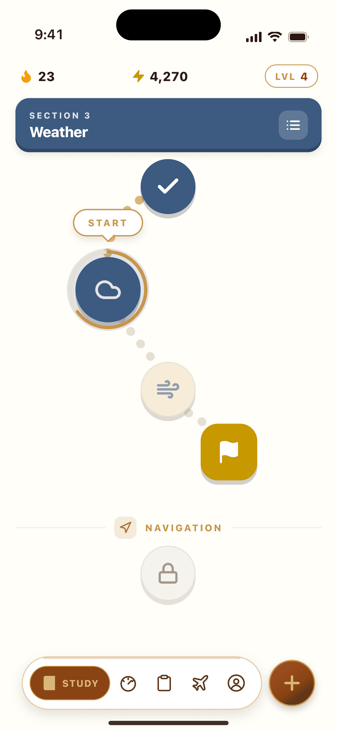 FlyCowboys study path with daily lessons and streaks